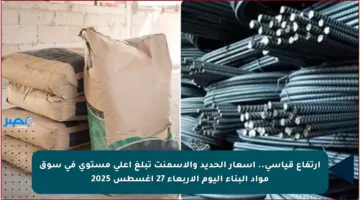 ارتفاع قياسي.. أسعار الحديد والأسمنت تبلغ أعلى مستوى في سوق مواد البناء اليوم الأربعاء 27 أغسطس 2025